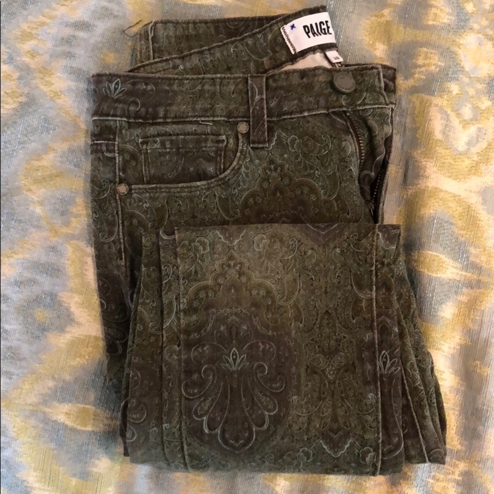 Paige Denim green paisley cropped skinny jeans